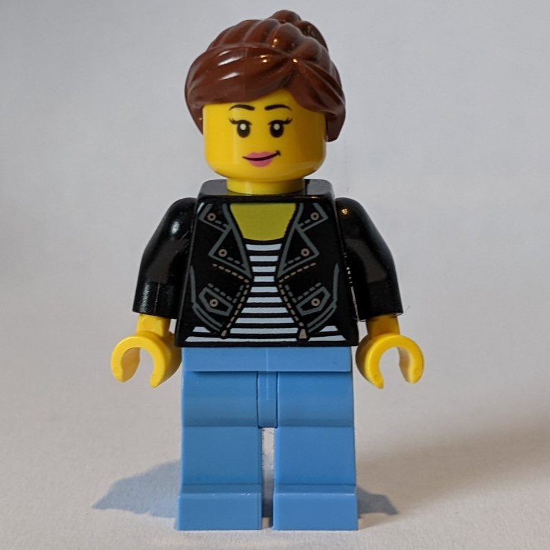 Lego Woman, Black Jacket, Medium Blue Legs, Reddish Brown Hair