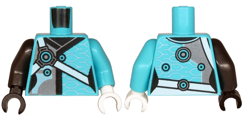 Lego Torso Tunic with Black Hems and White Straps Pattern / Medium Azure Arm Left / Pearl Dark Gray Arm Right / White Hand Left / Black Hand Right