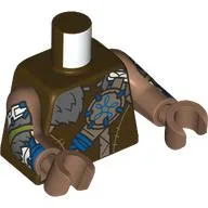 Torso, Hide Tunic, Dark Bluish Grey Fur, Dark Tan/Blue Straps with Blue Decorations, Arm Print, Medium Brown Arms and Hands / Dark Brown