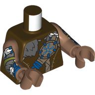 Lego Torso, Hide Tunic, Dark Bluish Grey Fur, Dark Tan/Blue Straps with Blue Decorations, Arm Print, Medium Brown Arms and Hands / Dark Brown