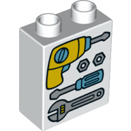 Lego Duplo Brick 1 x 2 x 2 with Bottom Tube and Drill, Screwdriver, and Wrench Print / White