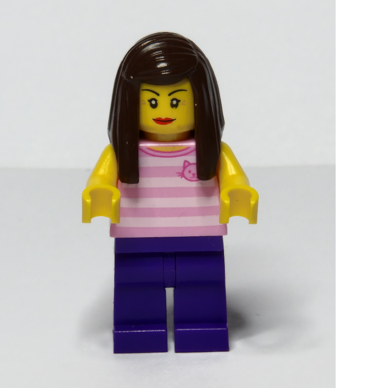 Lego Woman, Pink Striped Tank Top with Cat Face, Dark Purple Legs