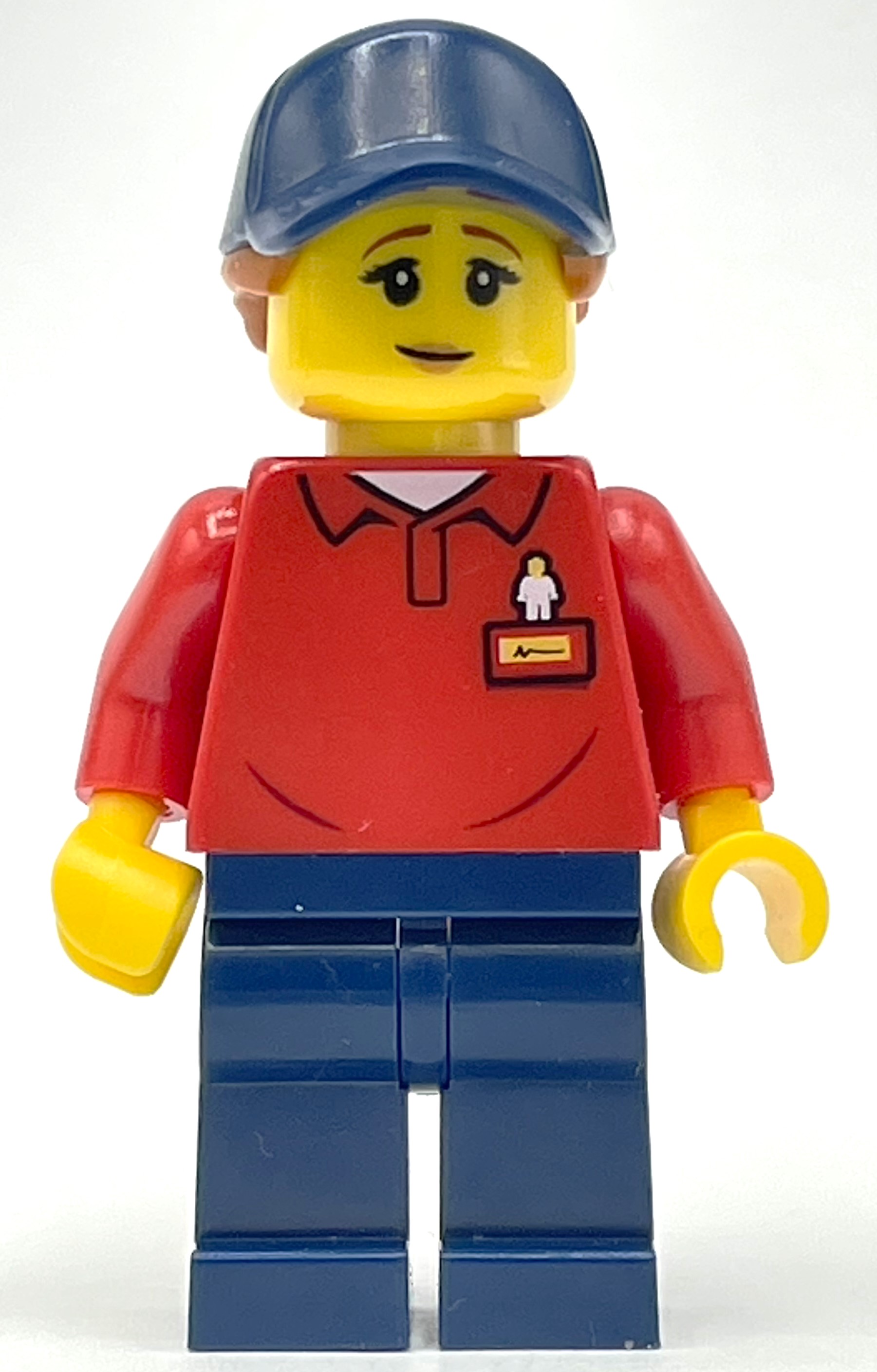 Lego LEGOLAND Employee, Red Torso, Dark Blue Legs, Dark Blue Cap, Reddish Brown Hair