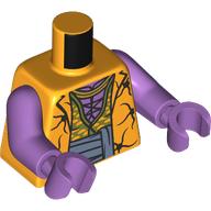 Lego Torso, Jacket, Sand Blue Belt, Olive Green Vest, Medium Lavender Chest, Tattoo on Left Arm print, Medium Lavender Arms and Hands / Bright Light Orange