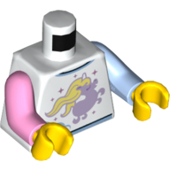Lego Torso, Odd Arms, Lavender Unicorn with Bright Light Yellow Mane Print, Left Bright Light Blue Arm, Right Bright Pink Arm, Yellow Hands / White