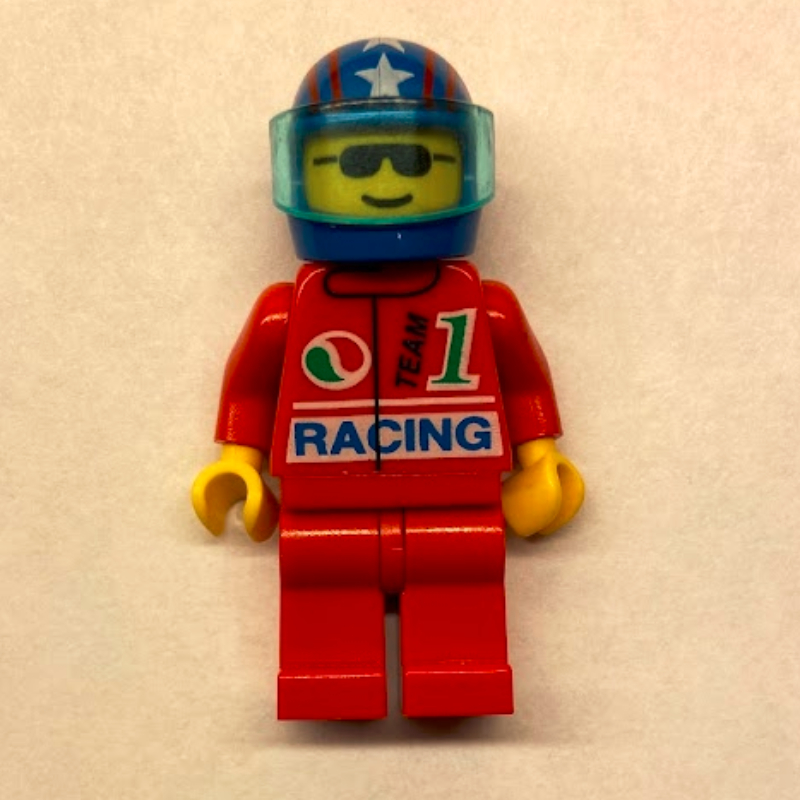 Lego Racer, Red Jacket with Octan Logo and 'RACING', Blue Helmet with Stars and Visor, Sunglasses