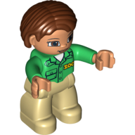 Lego Duplo Figure Bob / Pageboy Hair Reddish Brown, 'ZOO' on Front and Back Shirt - Tan Legs / Green