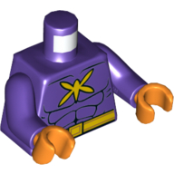 Lego Torso Muscles Outline with Yellow Killer Moth Logo and Belt Print, Dark Purple Arms, Orange Hands / Dark Purple