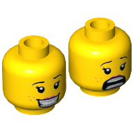 Lego Minifig Head Fabuland-Fan, Dual Sided, Female, Brown Eyebrows, Eyelashes, Freckles, Peach Lips, Smile with Teeth / Scared Open Mouth Print [Hollow Stud] / Yellow