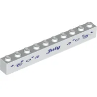 Brick 1 x 10 with Dark Purple 'July' and 'August' Print on Opposite Sides / White