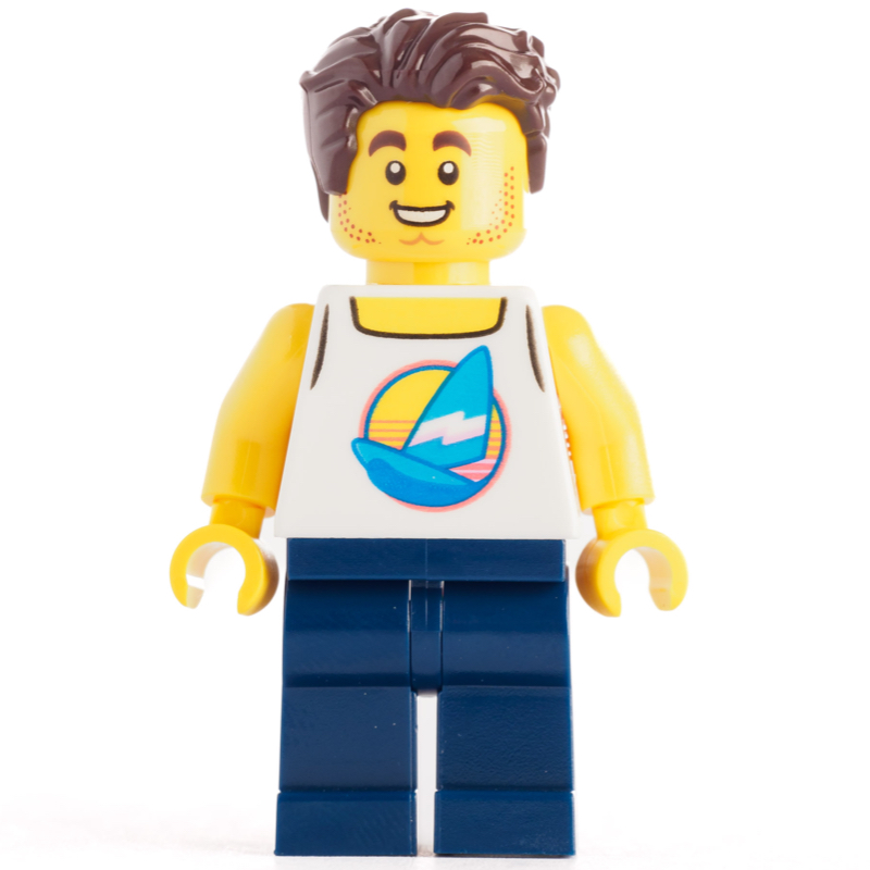Lego White Torso, Dark BLue Legs, Dark Brown Hair