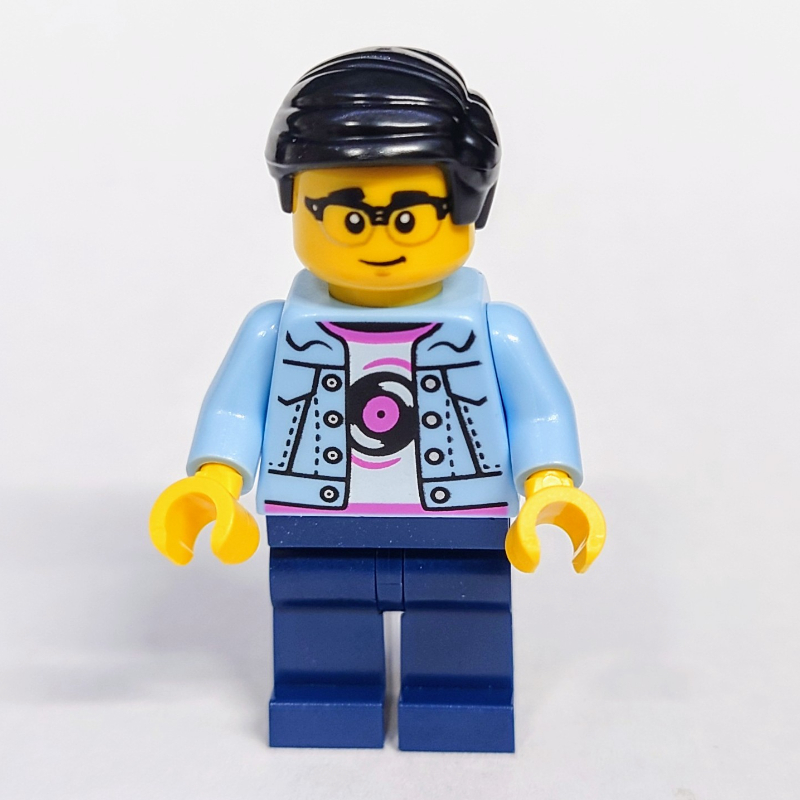 Lego Bright Light Blue Torso, Dark Blue Legs, Black Hair