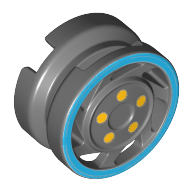 Lego Wheel 11mm D. x 6mm with 7 Slanted Spokes with Blue Rim Edge and Yellow Bolts Print / Dark Bluish Gray