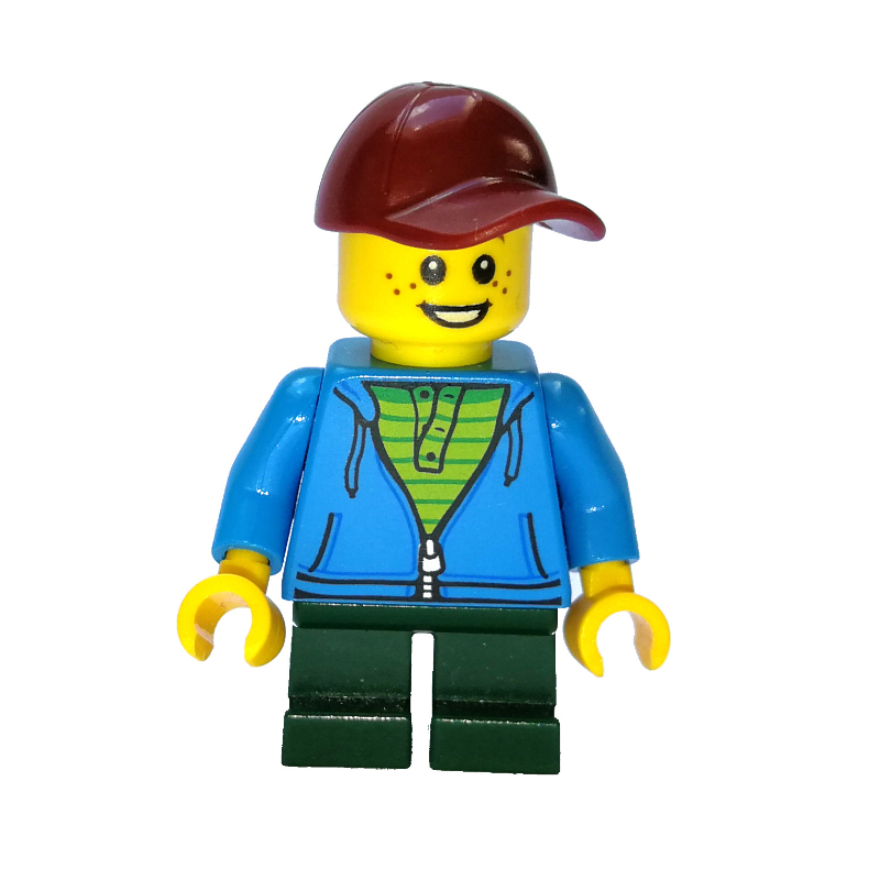 Lego Boy, Open Dark Azure Hoodie with Zipper, Short Dark Green Legs, Dark Red Cap