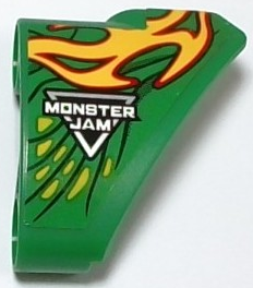 Lego Technic, Panel Curved # 10 3 x 3 Tapered Right with Red and Yellow Flames, Lime and Dark Green Scales and Skin and Silver 'MONSTER JAM' Pattern (Sticker) - Set 42149