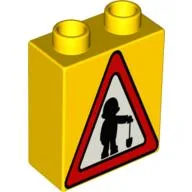 Duplo Brick 1 x 2 x 2 with Road Sign Construction Worker Print / Yellow