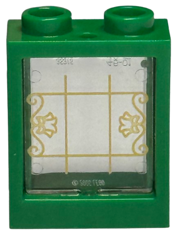 Lego Window 1 x 2 x 2 Flat Front with Trans-Clear Glass with Gold Lattice, Flowers and Filigree Pattern (60592 / 60601pb046)