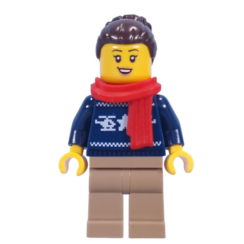 Lego Dark Blue Sweater, Dark Tan Legs, Dark Brown Hair, Red Scarf
