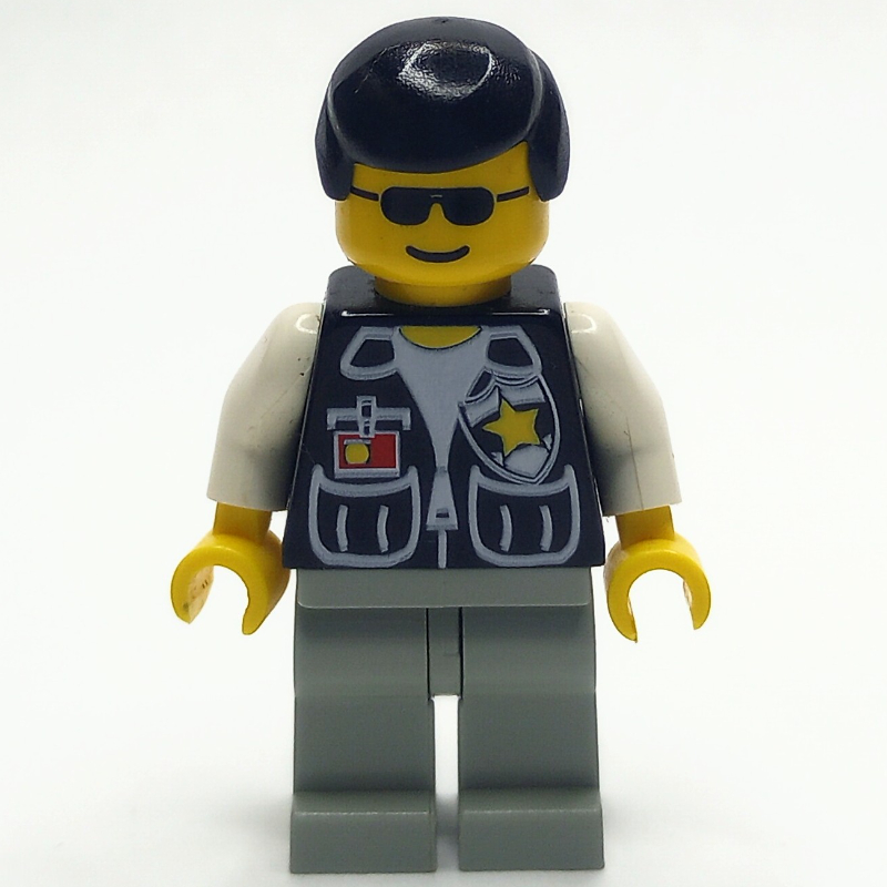 Lego Policeman, Black Vest with Badge and Pockets, Black Hair, Sunglasses