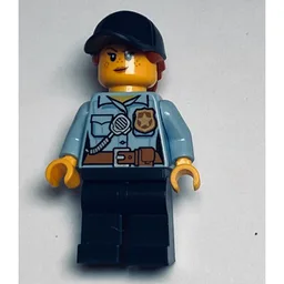 Policewoman, Bright Light Blue Shirt with Radio and Badge, Dark Blue Legs, Dark Blue Cap with Hair, Freckles