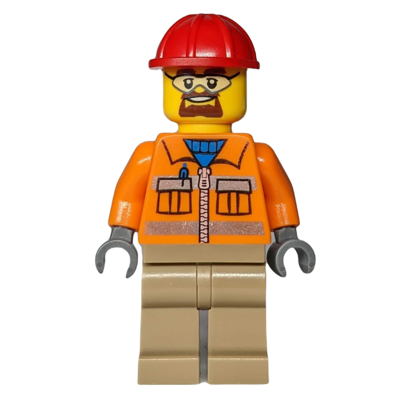 Lego Construction Worker, Orange Jacket with Zipper and Reflective Stripes, Dark Tan Legs, Red Hard Hat, Goatee Beard and Safety Glasses