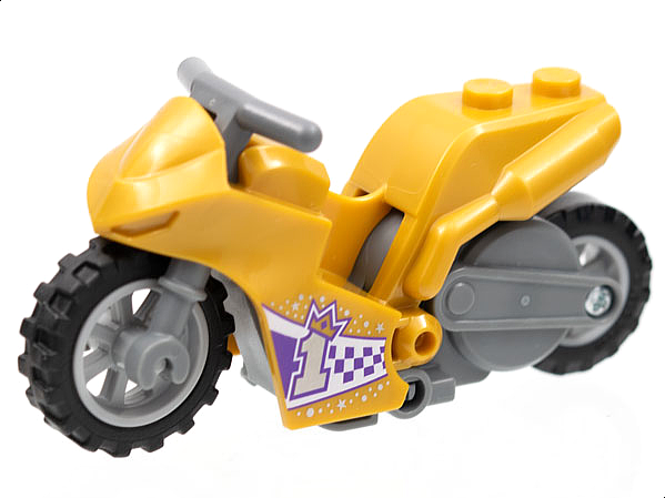 Lego Stuntz Flywheel Motorcycle Sport Bike Tapered Front with Dark Bluish Gray Frame, Light Bluish Gray Wheels, and Dark Bluish Gray Handlebars with Silver Number 1 with Gold Crown on Dark Purple and White Checkered Pattern
