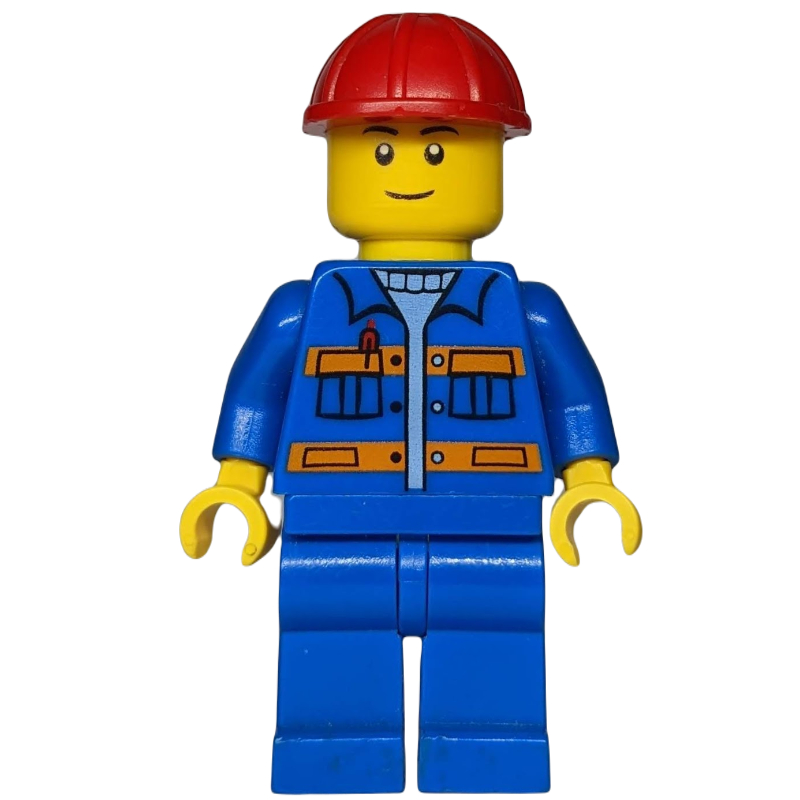 Lego Construction Worker, Blue Jacket with Orange Stripes, Blue Legs, Red Hard Hat