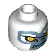 Minifig Head Grizzam, Dual Sided, Gorilla with Yellow Eyes, Fangs and Gray and White Face Happy / Angry Print [Hollow Stud] / White
