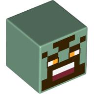Lego Minifig Head Special, Cube with Pixelated Face, Bright Light Orange Eyes, Dark Red Mouth Print / Sand Green