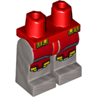 Lego Hips and Flat Silver Legs with Red Armor, Silver Stripes, Red and Yellow Knee Plates and Orange Belt Pouches Print / Red