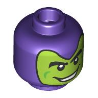 Lego Minifig Head Green Goblin, Lime Face, Black Eyebrows, Green Lines, Mean Smile / Dark Purple