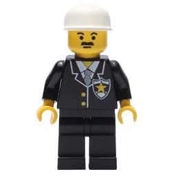 Policeman, Black Jacket with Tie and Badge, Black Legs, White Cap, Moustache
