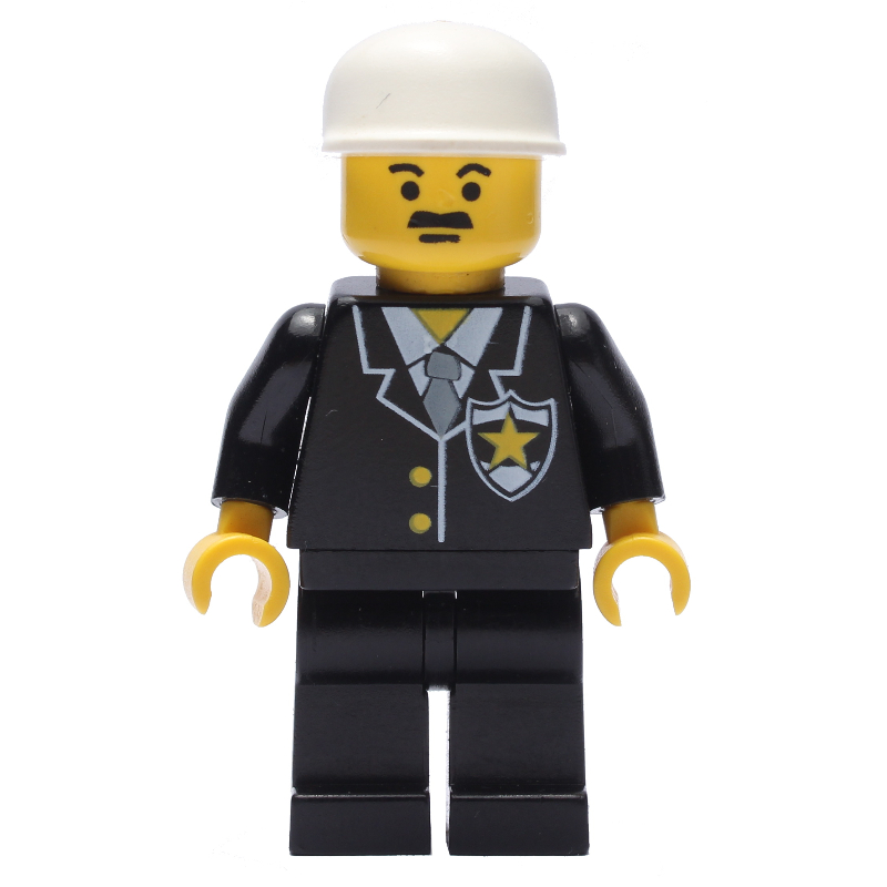Lego Policeman, Black Jacket with Tie and Badge, Black Legs, White Cap, Moustache