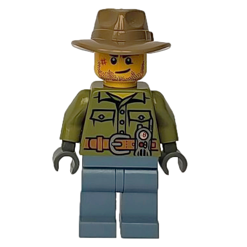 Lego Volcano Explorer, Man, Olive Green Shirt, Sand Blue Legs, Dark Tan Wide Brim Hat