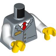 Lego Torso, Suit Buttons, Name Badge, White Shirt, Red Tie print, White Arms, Yellow Hands / Sand Blue