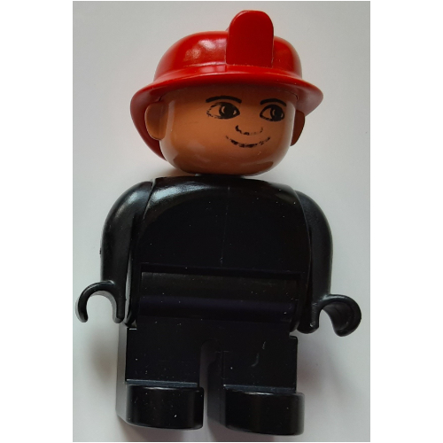 Lego Duplo Figure, Early, Fire Helmet Red, Black Legs, No White in Eyes Print / Black