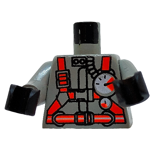 Lego Torso Fire Shirt with Gauge and Red Belt Print, Light Gray Arms, Black Hands / Light Gray