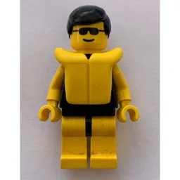 Man, Plain Black Swimsuit, Black Hair, Yellow Life Vest, Sunglasses