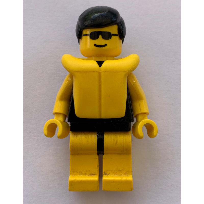 Lego Man, Plain Black Swimsuit, Black Hair, Yellow Life Vest, Sunglasses
