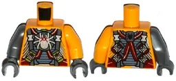 Torso Armor with Straps and Spiders on Front and Back Pattern / Bright Light Orange Arm Left / Flat Silver Arm Right / Dark Bluish Gray Hands