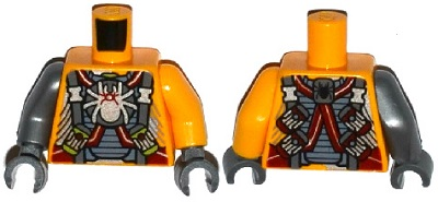 Lego Torso Armor with Straps and Spiders on Front and Back Pattern / Bright Light Orange Arm Left / Flat Silver Arm Right / Dark Bluish Gray Hands
