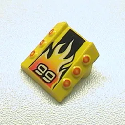 Brick Sloped 2 x 2 No Studs, with 3 Side Pistons Raised Edges and '99', Black Stripe, Flame Print / Yellow