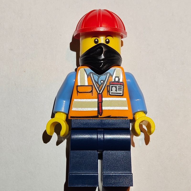 Lego Construction Worker - Orange Torso, Dark Blue Legs, Red Helmet, Black Bandana