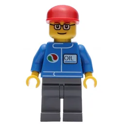 Mechanic, Blue Jumpsuit with Octan Logo, Dark Bluish Gray Legs, Red Cap, Glasses
