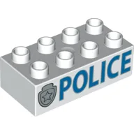 Duplo Brick 2 x 4 with 'POLICE' and Star Badge Silver Print