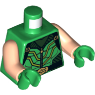 Lego Torso Armor, Black Striped Vest with Clasps and Lime Lines, Zipper, Belt with Gold Buckle and Muscles Print (Green Arrow), Light Nougat Arms, Green Hands / Green