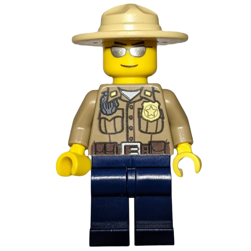 Lego Forest Police / Ranger, Dark Tan Shirt with Radio and Badge, Dark Blue Legs, Tan Campaign Hat, Silver Sunglasses