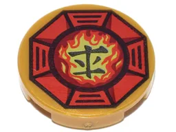 Tile, Round 2 x 2 with Bottom Stud Holder with Airjitzu Fire Symbol in Red Octagon Pattern