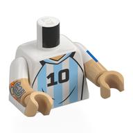 Lego Torso, Dual Molded Arms with White/Bright Light Blue Football Shirt, Black '10' 'MESSI', Blue Band on Arm, Tattoo print, White Sleeves Pattern, Warm Tan Arms and Hands / White