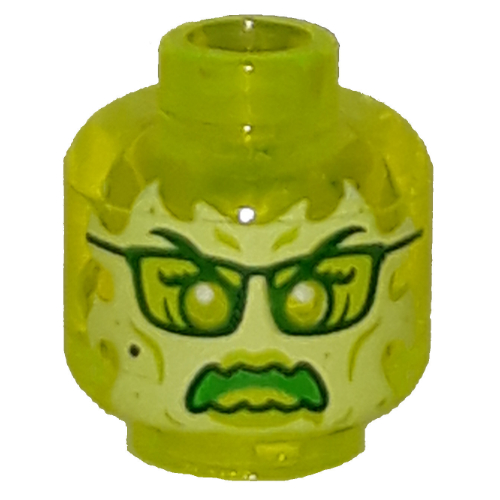 Lego Minifig Head Ghost, with Yellowish Green Face, Glasses, Angry and Flames in Back Print / Trans-Neon Green